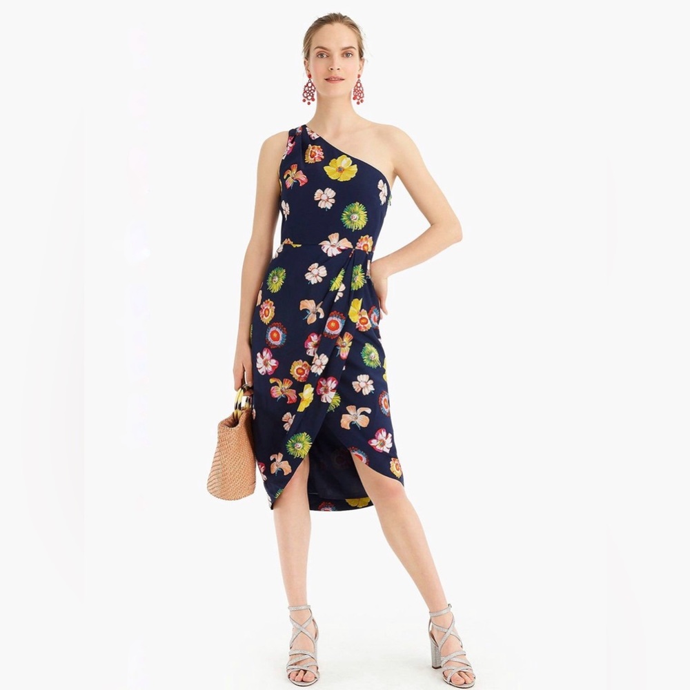 ⬛ J.Crew ⬛ Silk One-Shoulder Floral Navy Midi Dress 🌸